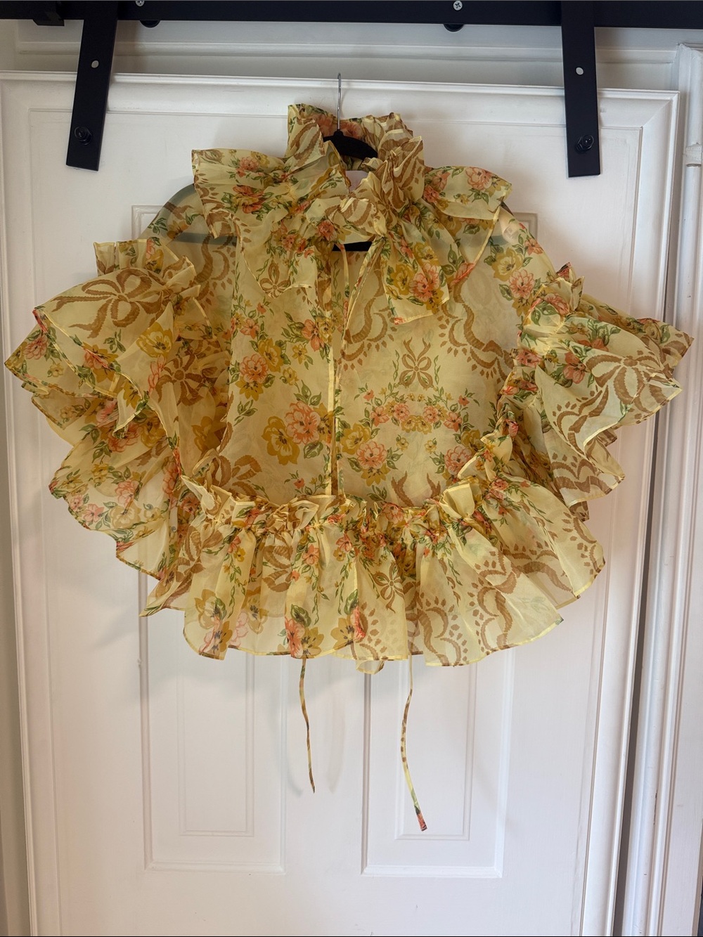 Yellow Floral Ruffled Sheer Blouse